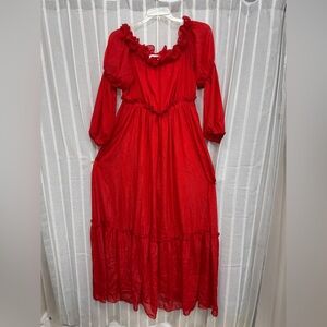 Red Ruffled Long Sleeve Off The Shoulder Maxi Dress Size XL NWOT